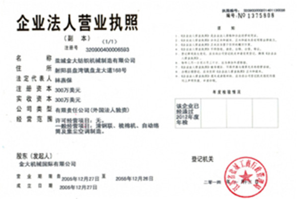Business license of enterprise legal person